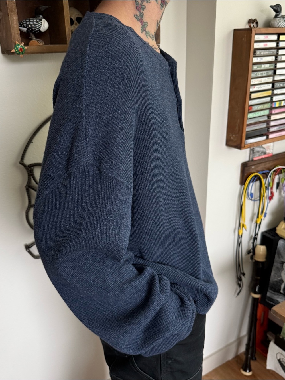 Vintage 2000s Navy Blue Cropped Boxy Henley Cotton Thermal ~ Size XXL - Picture 3 of 8